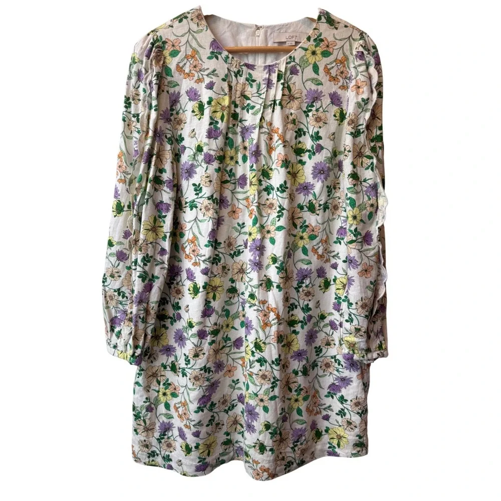 LOFT Floral Linen Puff Ruffle‎ Sleeve Shift Dress Size 14 Feminine Romantic